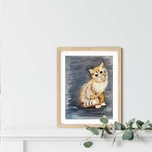 May include: A watercolor painting of a ginger kitten sitting on a gray background. The kitten has big green eyes and is looking directly at the viewer.