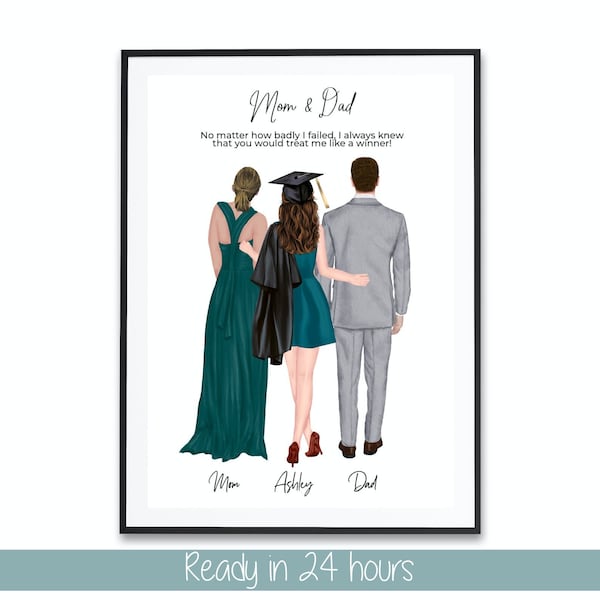 Graduate Girl with Parents & Pets Poster, Appreciation Gifts for Mom Dad thank you card, Custom Digital College Graduation 2024 Print Gifts