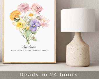 Personalized Birth Flower Bouquet Portrait, Custom Gift for Grandma Mother’s Day Gift Birth Flower Custom Wall Art Print, Mother's Day Gift