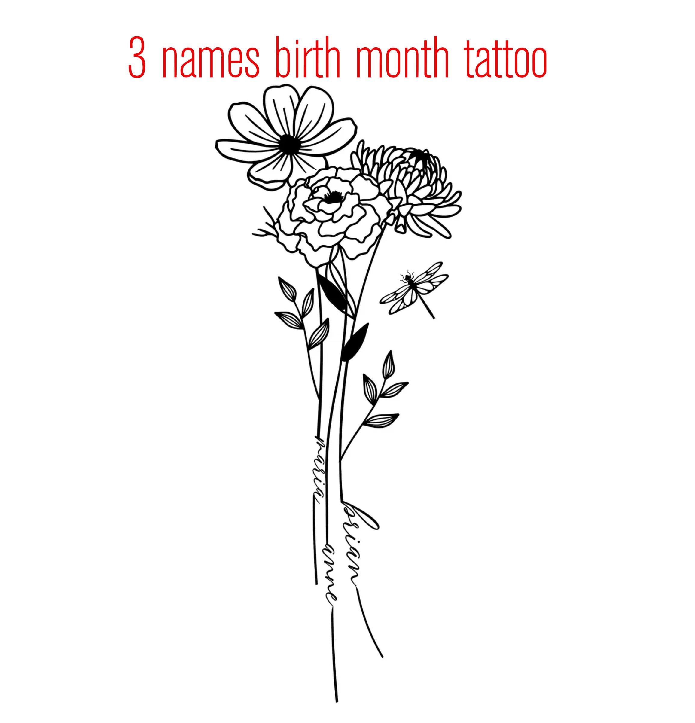 Custom Birth Flower with 3 Names Tattoo Design, Minimalistic Line Art Back White Family Birth Flower Bouquet Portrait, Floral Tattoo Drawing