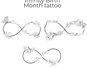 Custom Minimalistic Line Art Birth Flowers Infinity Tattoo Design with kids or couples names. Family Name and Flower Tattoo, Floral tattoo