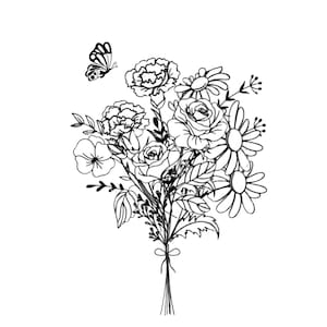 Custom Minimalistic Black White Line Art Birth Flowers Bouquet, Family Birth Month Tattoo Design, Family Floral Portrait Digital Download