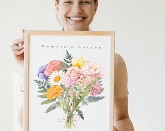 Family Birth Flower Bouquet Gift | Nana's Garden Mother's Day Grandma Gift Watercolor Birth Month Flowers Personalized Gift Digital Download
