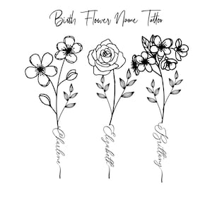 Personalized Name Birth Flower Tattoo Black White Line Art Tattoo Sleeve Design Floral Name Tattoo Commission Custom Name Flower Stem SVG