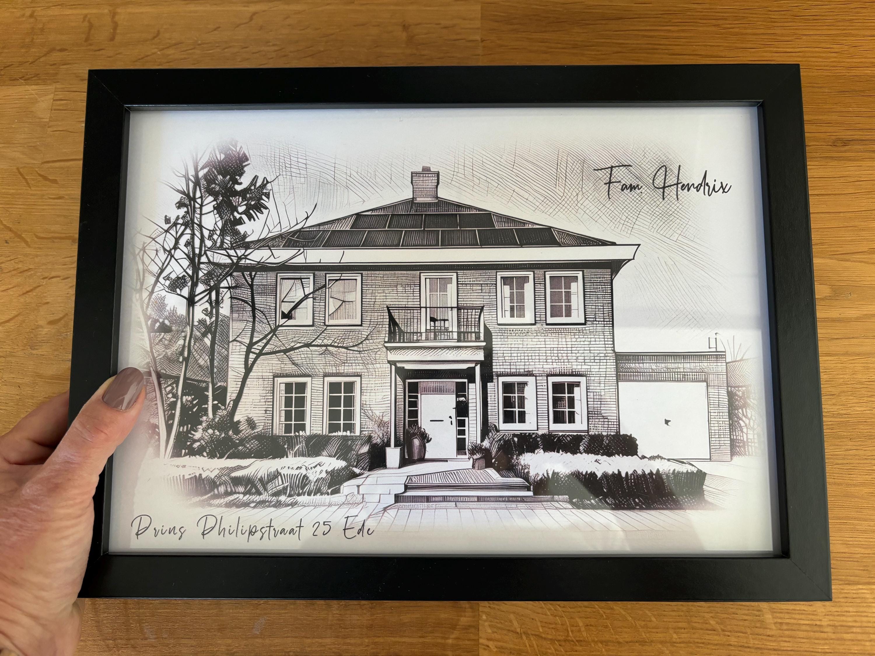 portrait de maison, dessin de maison, cadeau de pendaison de crémaillère, cadeau pour agent immobilier, portrait peinture maison, peinture personnalisée, croquis au crayon noir et blanc
