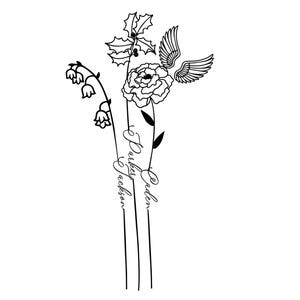 Floral Tattoo Design Custom Memorial Remembrance Birth Flower Name Design, Line Art Back White Family Birth Flower Bouquet Portrait Drawing
