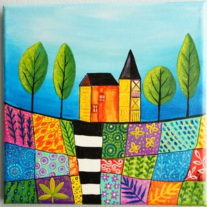 Spring in the village original hand made painting. Colorful wall decor
