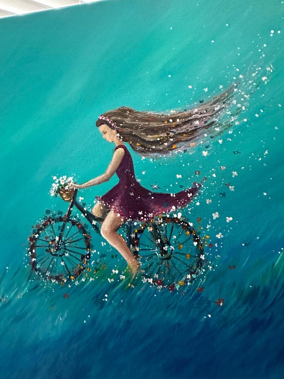 Girl on a Bicycle, Flowers, Turquoise Acrylic Painting of a Girl