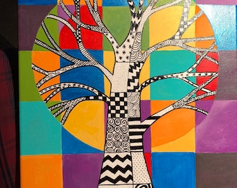Acrylschilderij met kleurrijke boom op canvas: abstracte kunst
