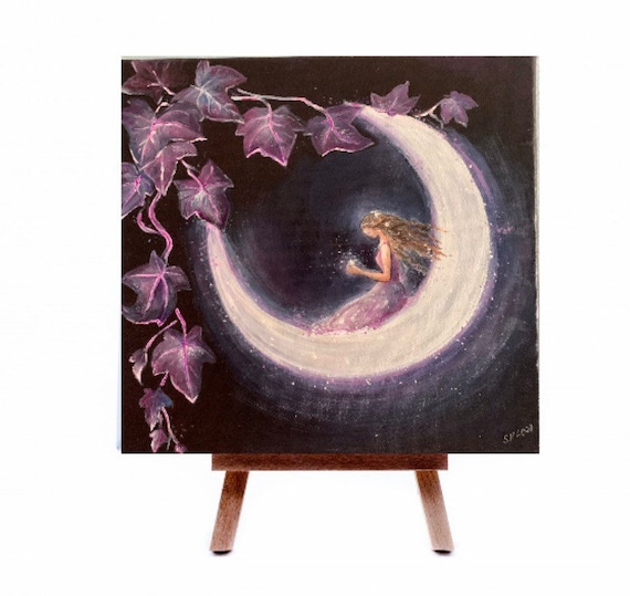 Girl on the Moon Acrylic Painting: Lavender Moonlight Canvas Art