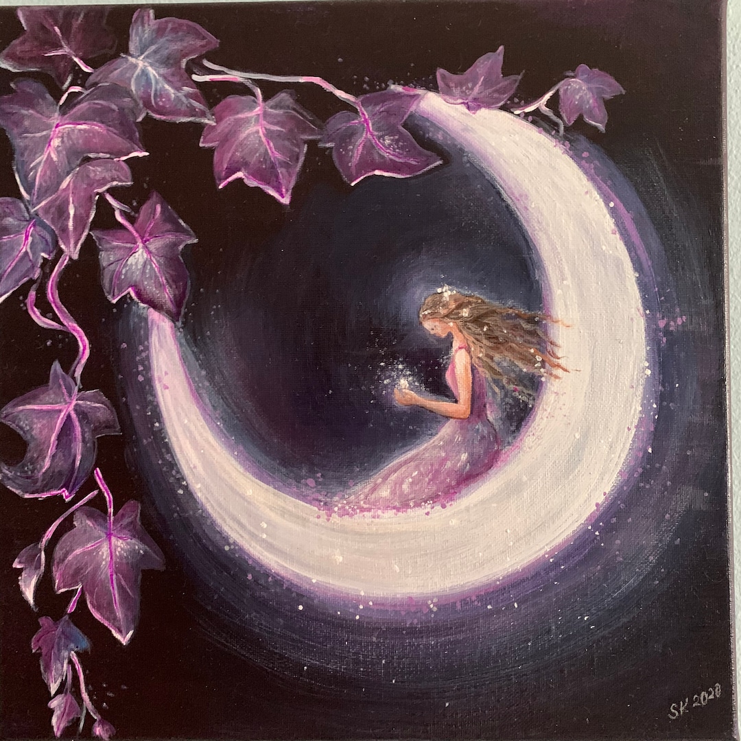 Girl on the Moon Acrylic Painting: Lavender Moonlight Canvas Art