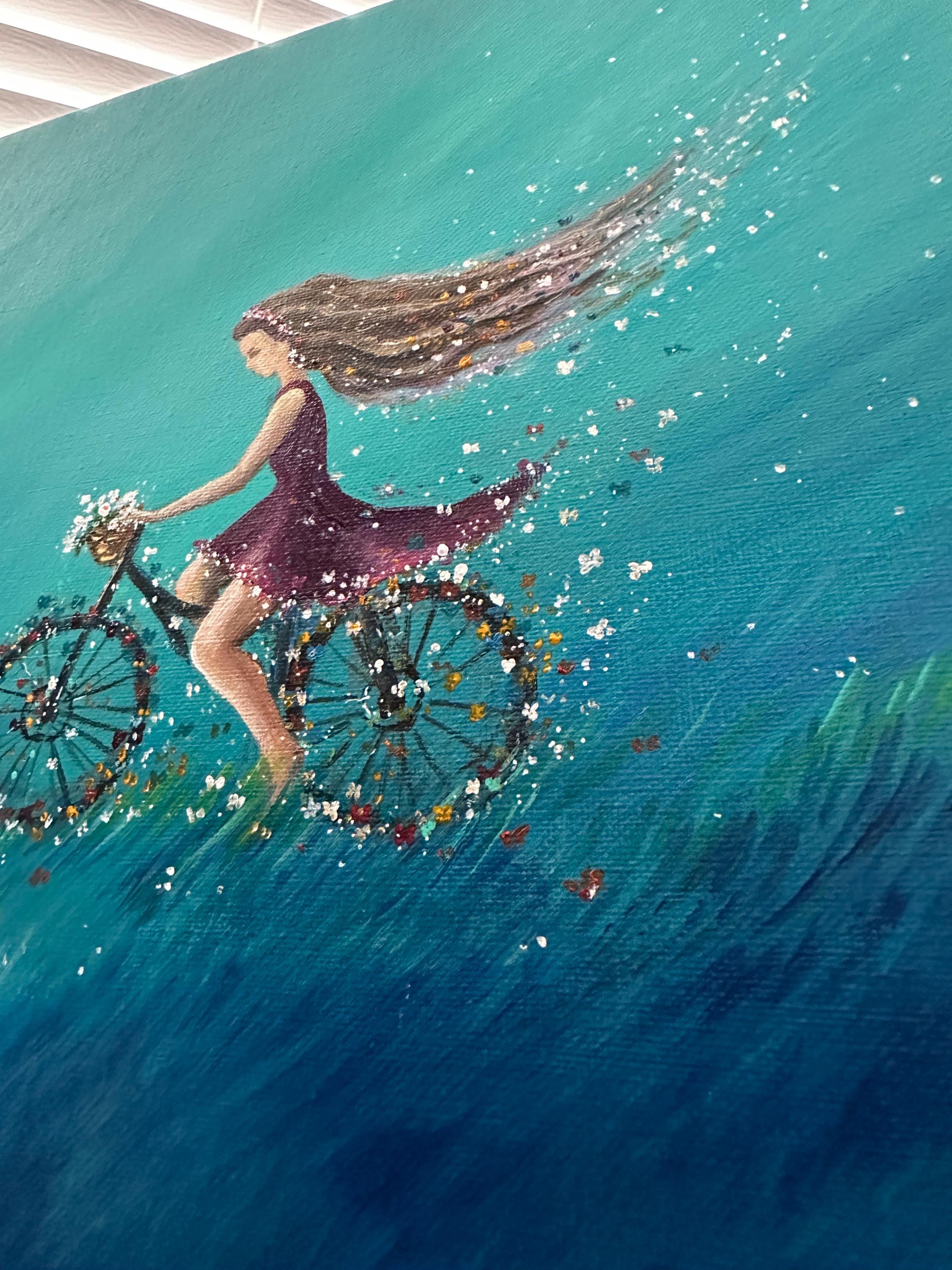 Girl on a Bicycle, Flowers, Turquoise Acrylic Painting of a Girl