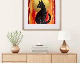 黒猫の絵画、猫アート、猫好きへのギフト、黒の抽象画、キャンバスに