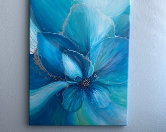 Blue dream flower acrylic painting/ abstract blue and silver flower