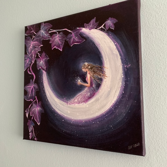 Girl on the Moon Acrylic Painting: Lavender Moonlight Canvas Art