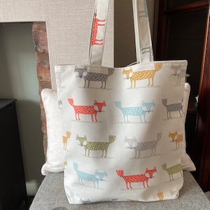 Fantastic fox fabric tote bag, large size, internal pockets, fully lined