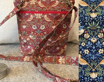 William Morris, The Strawberry Thief fabric, crossbody bag, adjustable strap, internal and external pockets, red or navy