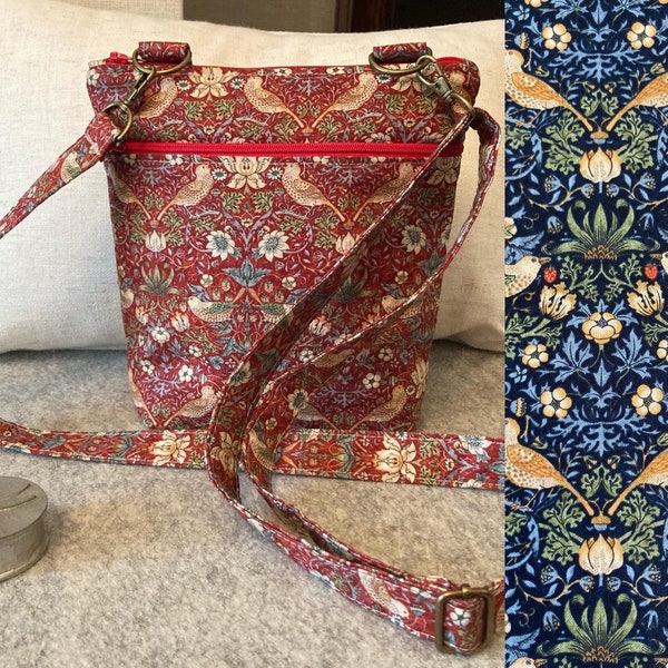 William Morris, The Strawberry Thief fabric, crossbody bag, adjustable strap, internal and external pockets, red or navy