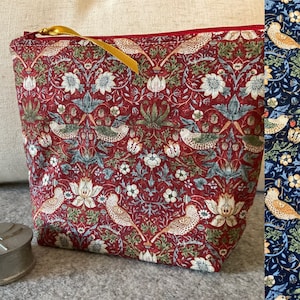 William Morris The Strawberry Thief fully padded makeup bag, zipper pouch, red or navy