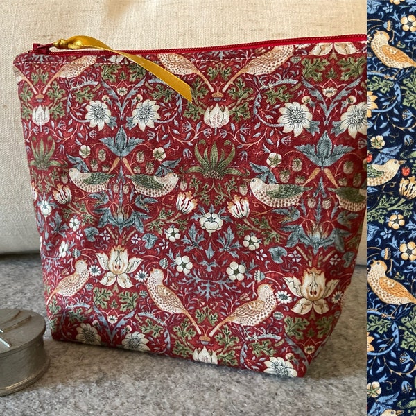 William Morris The Strawberry Thief fully padded makeup bag, zipper pouch, red or navy