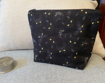 Black cat makeup cosmetic bag, zipped pouch, cat lovers gift