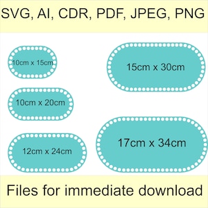 Könnte beinhalten: Vier türkisblaue ovale Etiketten mit weißen gepunkteten Rändern. Die Etiketten haben unterschiedliche Abmessungen: 10 cm x 15 cm, 10 cm x 20 cm, 12 cm x 24 cm und 17 cm x 34 cm. Der Text "Dateien zum sofortigen Download" befindet sich am unteren Rand des Bildes.