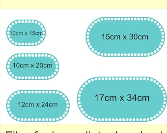 May include: Four turquoise blue oval-shaped labels with white dotted borders. The labels have different dimensions: 10 cm x 15 cm, 10 cm x 20 cm, 12 cm x 24 cm, and 17 cm x 34 cm. The text "Files for immediate download" is at the bottom of the image.
