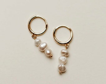 Triple Freshwater Pearl Earrings, Classy Genuine Pearl Jewelry, Pearl Hoops, Classic Timeless Hoop Earrings, Gifts for Her, Wedding Earrings