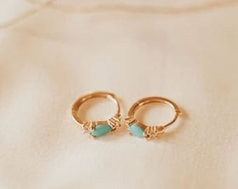 Turquoise Stone Gold Hoop Earrings, 12mm, Huggies, Hoops, Cute Earrings, Live-in, Every day earring, Simple Hoops, Elegant Earrings