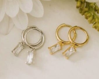 Diamond Dangle Earrings, Diamond Drop Earrings, Gold Earrings, Silver Earrings, Diamond Huggies, Hypoallergenic Earrings, Baguette Diamond