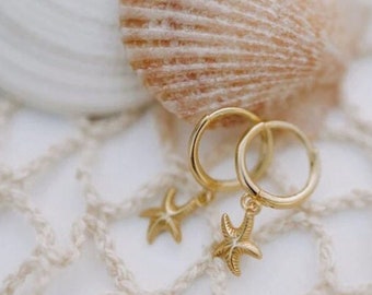 Starfish Dangle Hoops, Gold Drop Earrings, Beach Inspired Jewelry, Gold Huggies, Cute Women's Earrings, Hypoallergenic Earrings