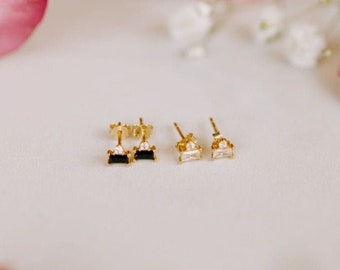 Zoe Studs, Dainty Black Onyx Stud Earrings, Classy Gold Diamond Studs, Second Piercing Earrings, Tiny Baguette Diamond Earrings, Cute Gift