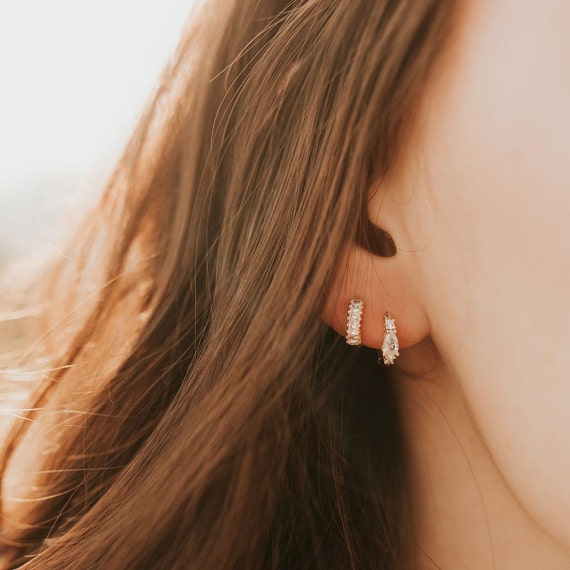 Bezel Drop Diamond Dangle Diamond Huggie Earrings / Diamond Hoop Earrings  with Diamond Charm / 9mm Diamond Hoop Earrings / Single or a Pair