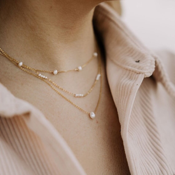 ARIA Set Pearl Drop Necklace and Simple Chain Necklace Set Tiny Freshwater  Drop Pearl Necklace Basic Thin Chain Layered Necklace 
