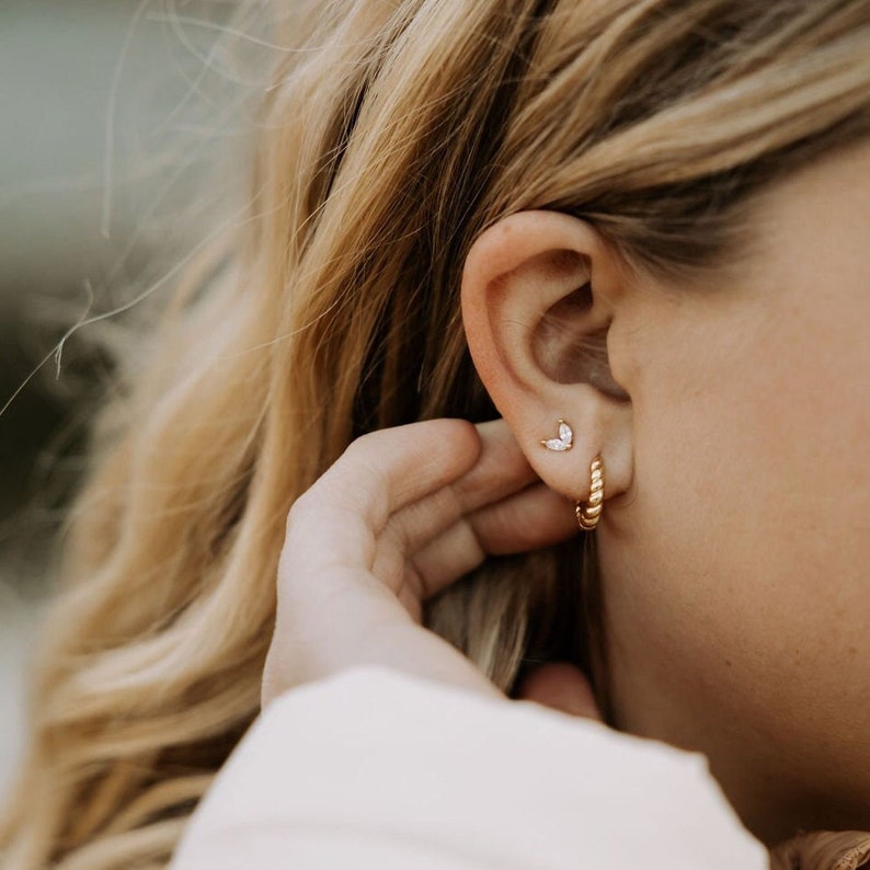 Tiny stud earrings, small wing diamond studs, tiny turquoise heart studs, second piercing dainty stud earrings, turquoise and gold earrings image 1