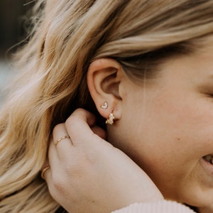 Tiny stud earrings, small wing diamond studs, tiny turquoise heart studs, second piercing dainty stud earrings, turquoise and gold earrings image 3