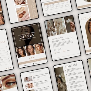 Op de afbeelding: Een digitaal marketingplan voor een beautymerk genaamd Olivia. Het plan omvat een inhoudsopgave, een tijdlijn, samenwerkingsdoelstellingen en soorten content. Het plan bevat afbeeldingen van een vrouw met make-up en een vrouw die een boek leest.