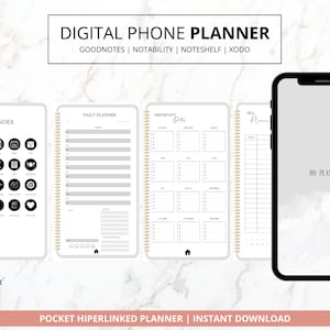May include: Digital phone planner for Goodnotes, Notability, Noteshelf, and Xodo. The planner includes an index, daily planner, important dates, and bill planner pages. The planner is designed for use on a phone or tablet.