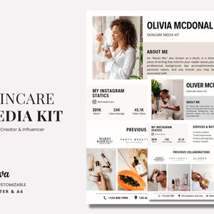 May include: A skincare media kit template with a white background and black text. The template includes information about the creator, their Instagram statistics, previous collaborations, and services and rates. The template is fully customizable and available in US Letter and A4 sizes.