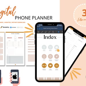May include: A digital phone planner with a pastel pink and brown colour scheme. The planner includes a yearly, monthly, daily, and study planner. The planner is compatible with GoodNotes, Notability, and Xoo. The planner also includes an index page with icons for different categories. The planner has a cover page with the text "Pastel Feminine Pocket Planner" and "Index".