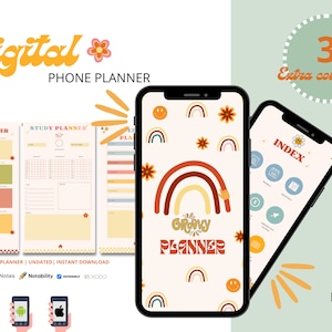 May include: A digital phone planner with a groovy theme. The cover page features a rainbow arch with a yellow, orange, and red color scheme. The planner includes a yearly planner, study planner, and a blank page for additional notes. The planner is compatible with GoodNotes, Notability, and Xodo.