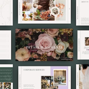 May include: A digital presentation with the title "Petals & Moments" featuring floral arrangements and event services. The design includes images of bouquets, floral design, and event planning. The color palette is soft with a focus on flowers.