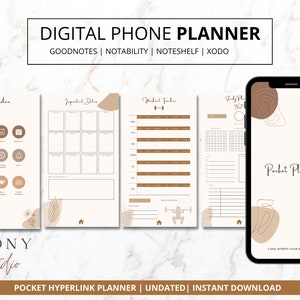 May include: A digital phone planner with a minimalist design featuring brown and beige abstract shapes. The planner includes sections for important dates, workout tracker, study planner, and a pocket planner. The text "Pocket Planner" and "A GOAL WITHOUT A PLAN IS JUST A WISH" are visible on the screen.