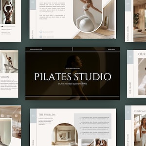 Puede incluir: Presentación de un estudio de Pilates, con un fondo marrón oscuro y el texto "PILATES STUDIO" en una fuente serif. La presentación incluye imágenes de personas haciendo Pilates y texto sobre el estudio.