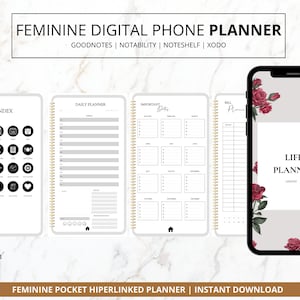 Puede incluir: Un planificador de teléfono digital con un diseño floral. El planificador incluye secciones para la planificación diaria, fechas importantes, facturas y un planificador de vida. El planificador es compatible con Goodnotes, Notability, Noteshelf y Xodo.