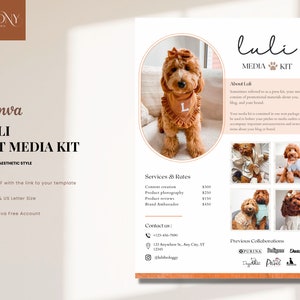 May include: A media kit for a pet influencer named LULI. The kit includes information about LULI, services offered, rates, and previous collaborations. The kit is designed in a light brown and white color scheme with a cute dog wearing a bandana.