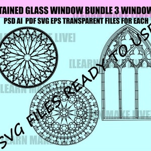 Faux Stained Glass Window SVG Bundle - 3 Window Versions Great for DIY Coloring or Drawing Book Gifts