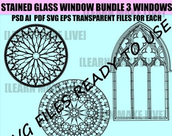 Faux Stained Glass Window SVG Bundle - 3 Window Versions Great for DIY Coloring or Drawing Book Gifts