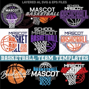 May include: A collection of basketball-themed graphic templates. Designs include basketballs, nets, and the words "Mascot Basketball" and "Basketball Team Templates" in various fonts and colors, suitable for sports team branding.