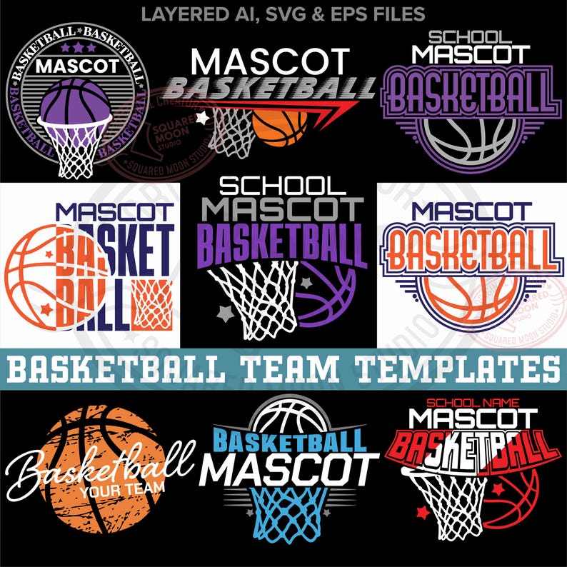 May include: A collection of basketball-themed graphic templates. Designs include basketballs, nets, and the words "Mascot Basketball" and "Basketball Team Templates" in various fonts and colors, suitable for sports team branding.